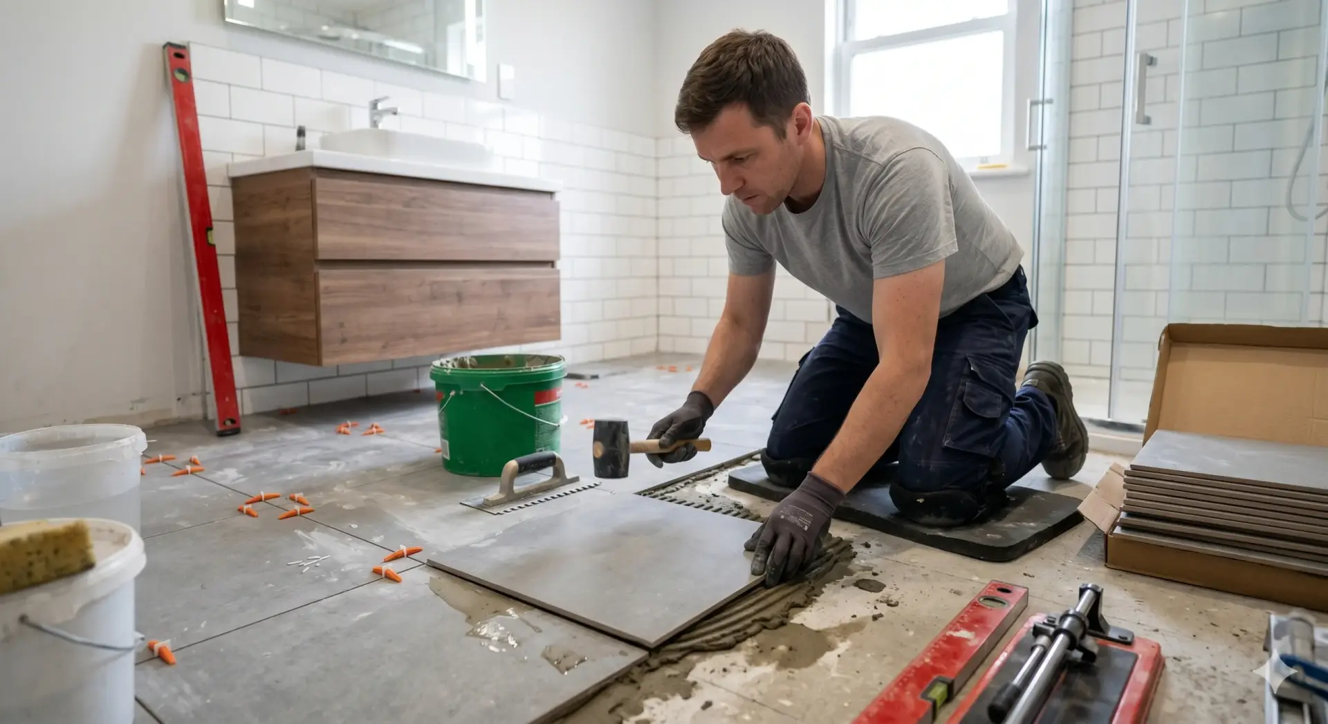 Professional tiler laying large gray floor tiles in a bathroom during a complete Tile Installation Tarpon Springs project.