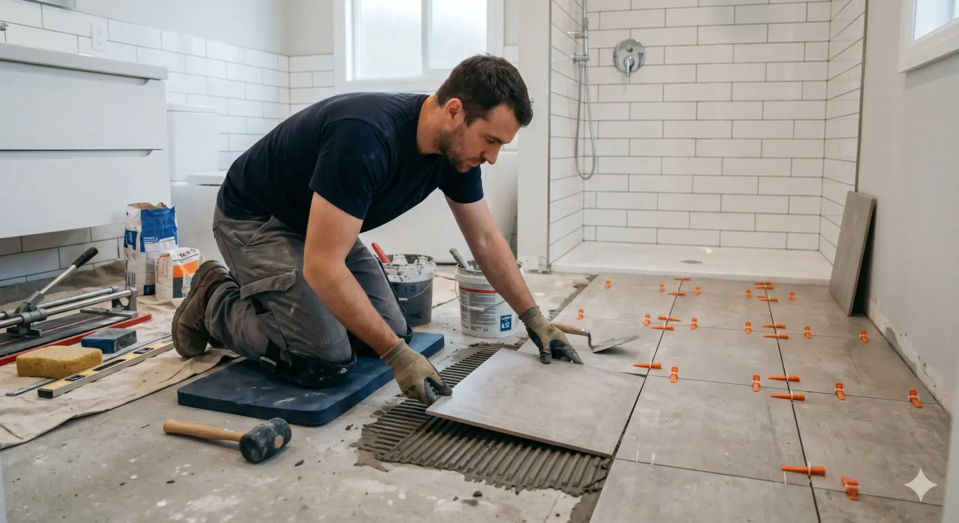 A skilled worker laying large floor tiles in a bathroom during a professional Tile Installation Belleair project.