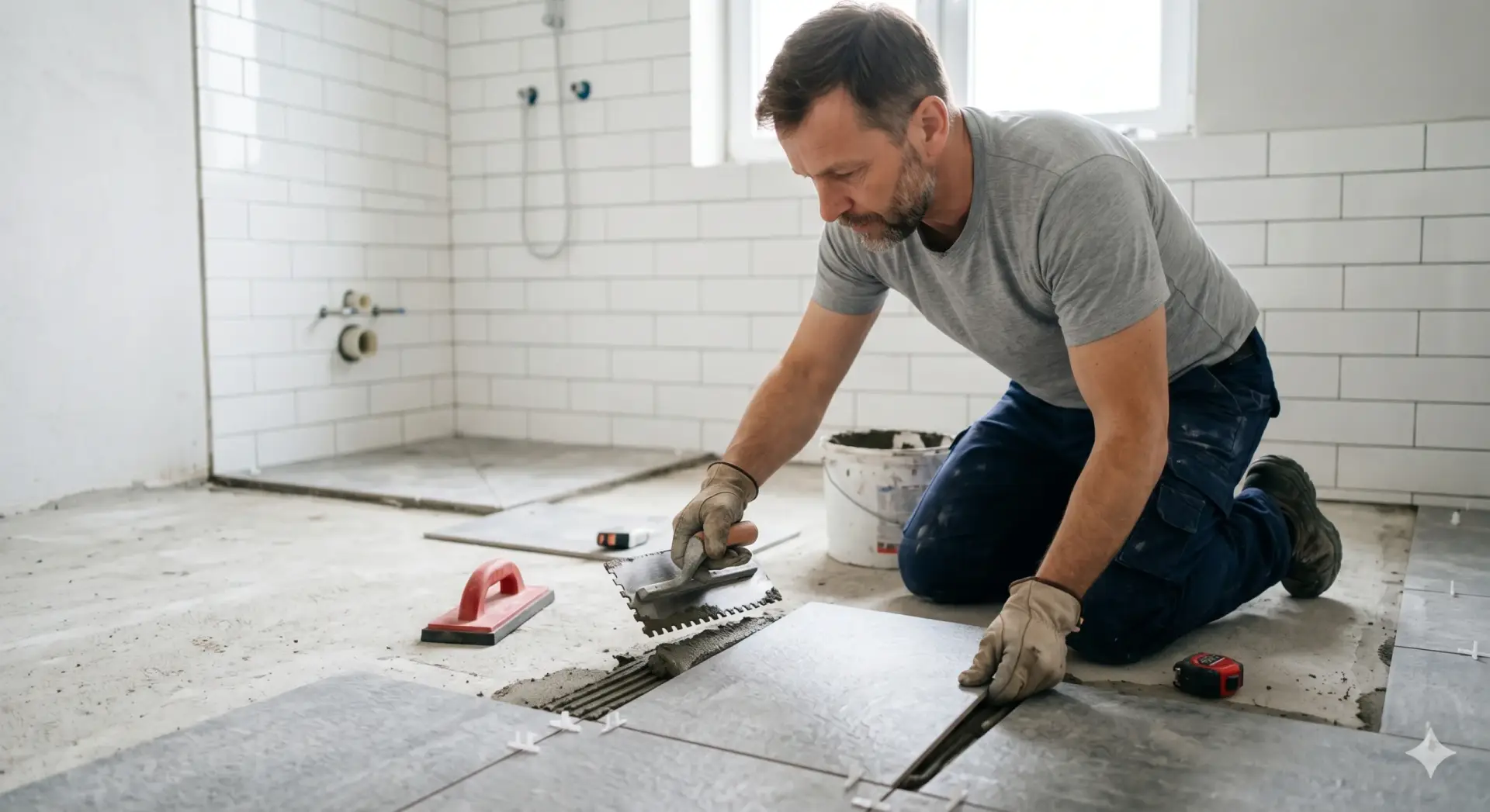 A contractor spreads mortar to lay large gray floor tiles for a Tile Installation Temple Terrace home remodel.
