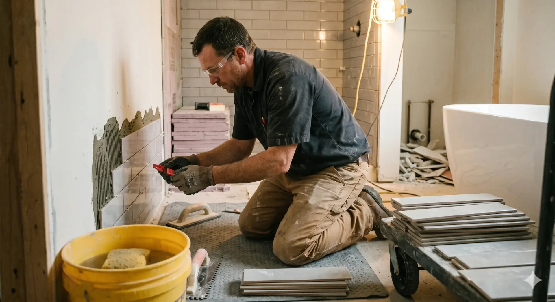 A contractor kneels to place subway tile during a professional Tile Installation Belleair Beach project.
