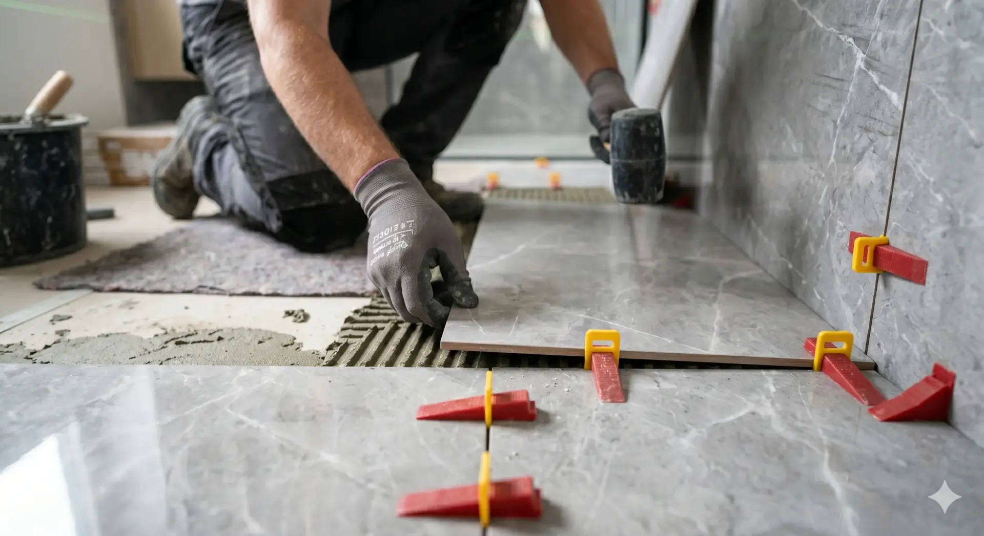 Contractor laying large marble-patterned floor tiles using leveling clips for a flawless Tile Installation North Redington Beach.