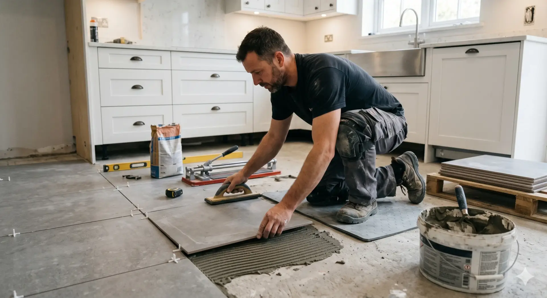 A contractor performs a precise Tile Installation Seminole using large grey ceramic floor slabs.