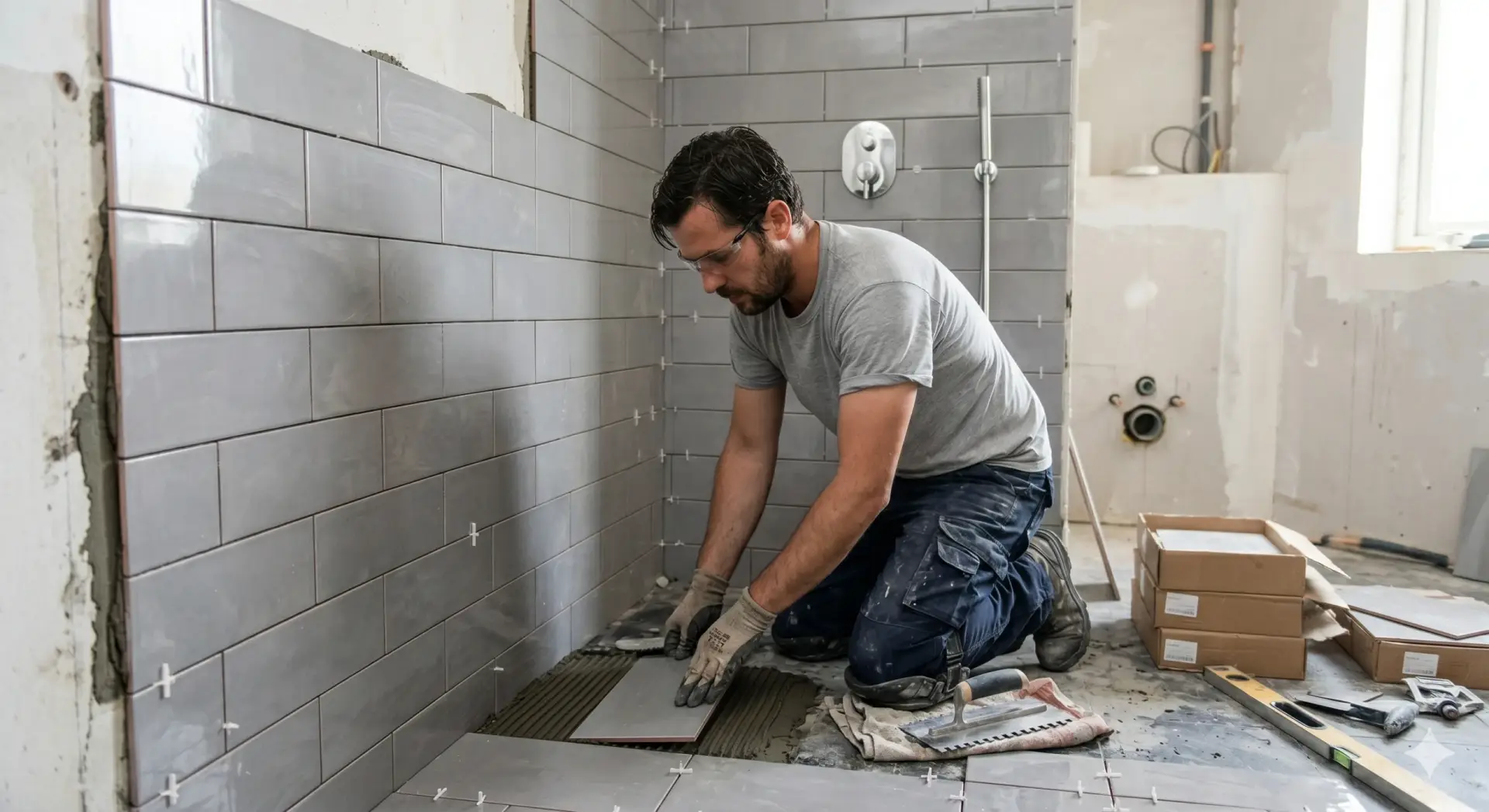 Kneeling professional installs large grey floor tile during a Tile Installation East Lake project.