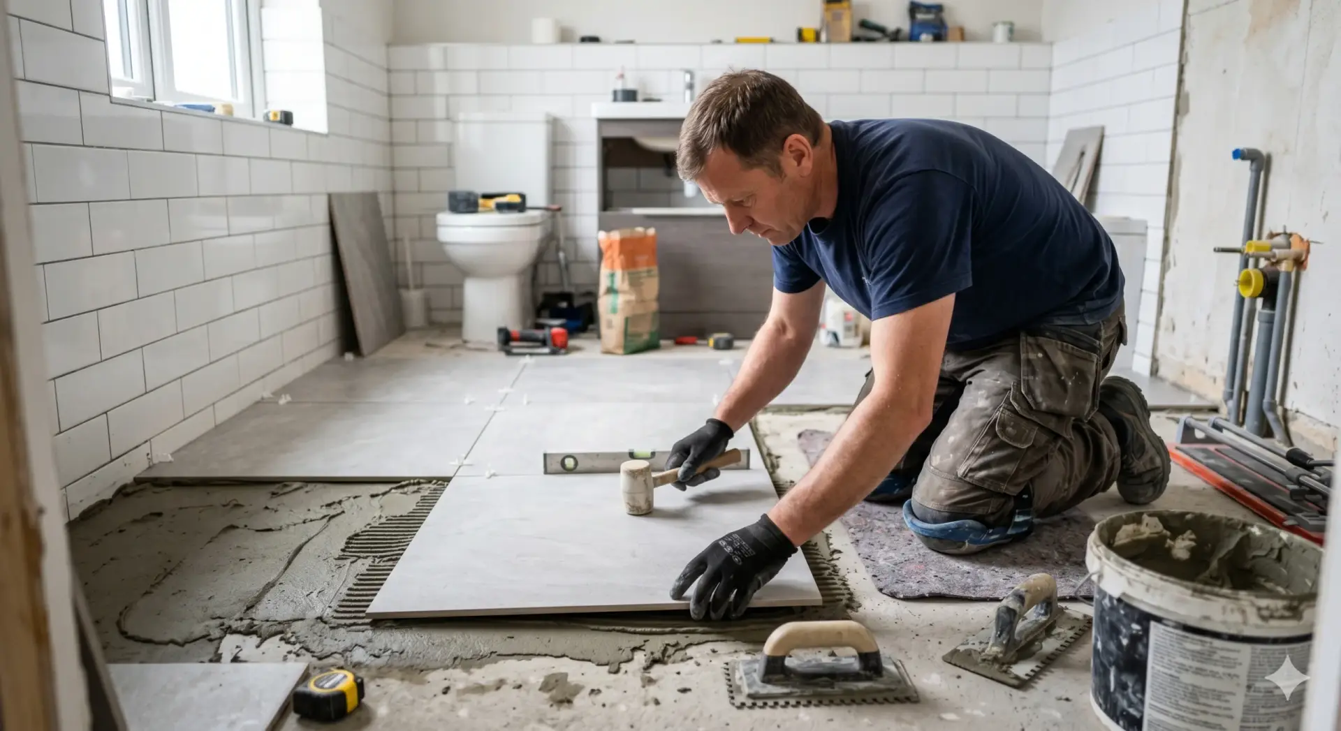A tradesman in a renovated bathroom uses a mallet to secure gray floor tiles during professional Tile Installation Palm Harbor.