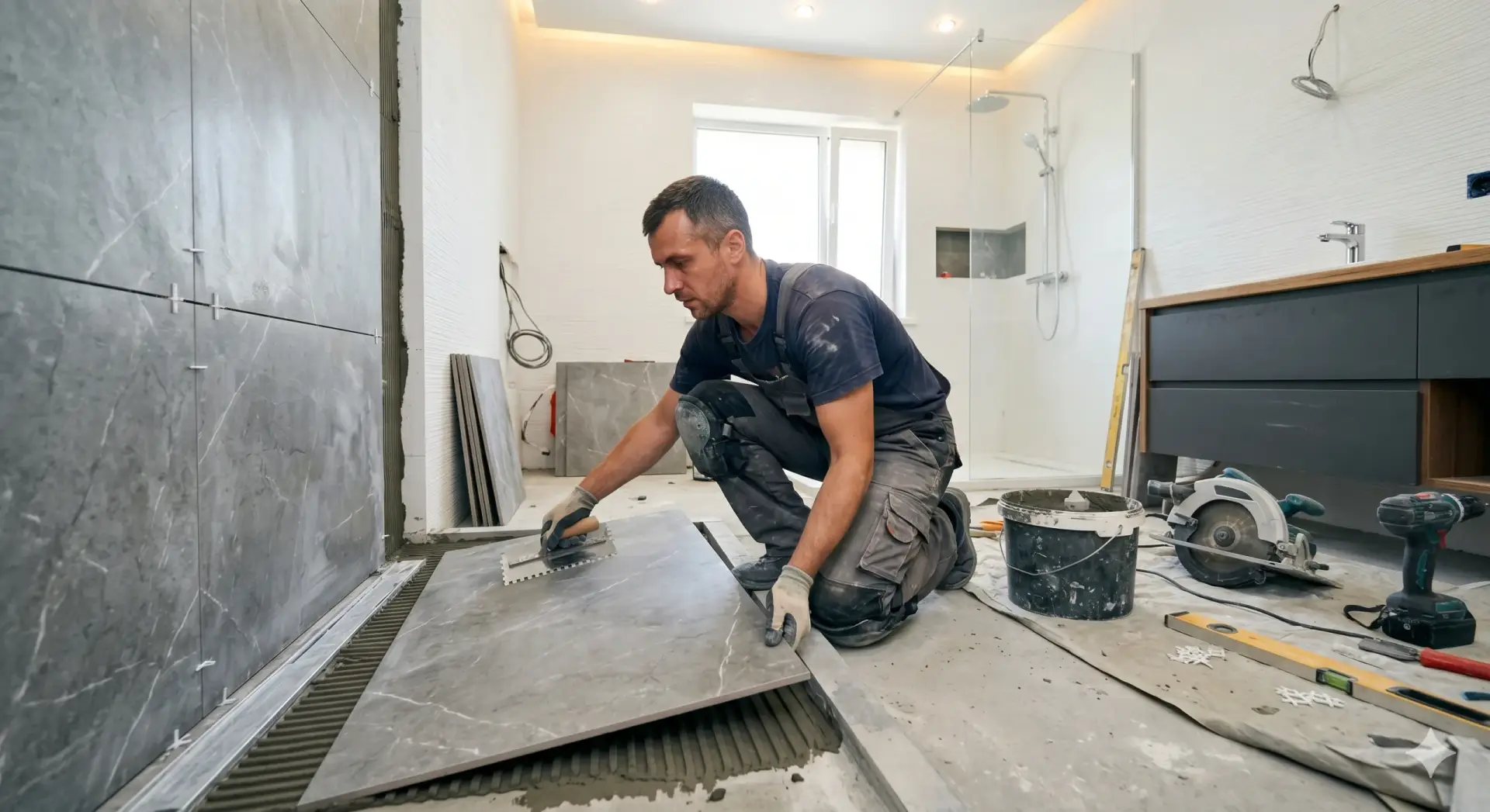 Tiler applies mortar to large floor tiles in a bathroom during a project for Tile Installation St. Pete Beach.