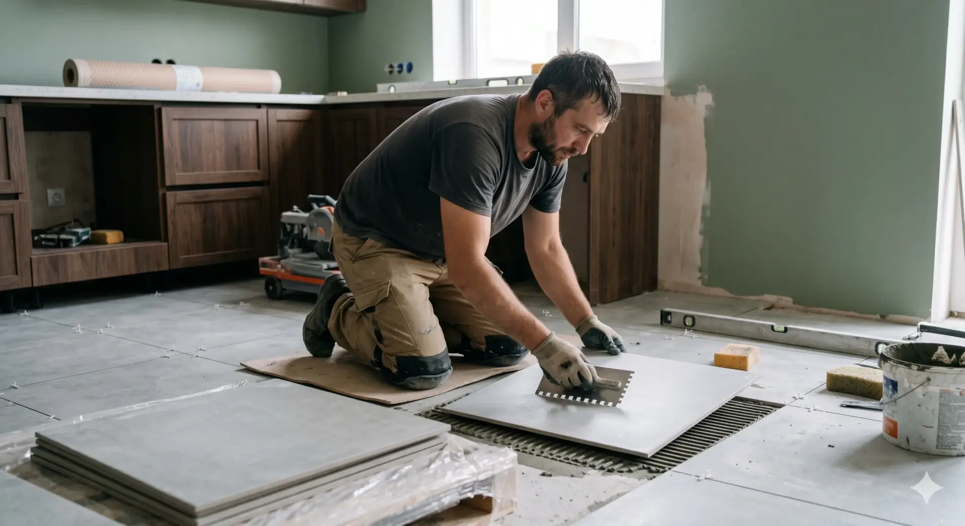 A professional tiler kneeling and precisely setting a large grey floor tile during a Tile Installation Oldsmar project.
