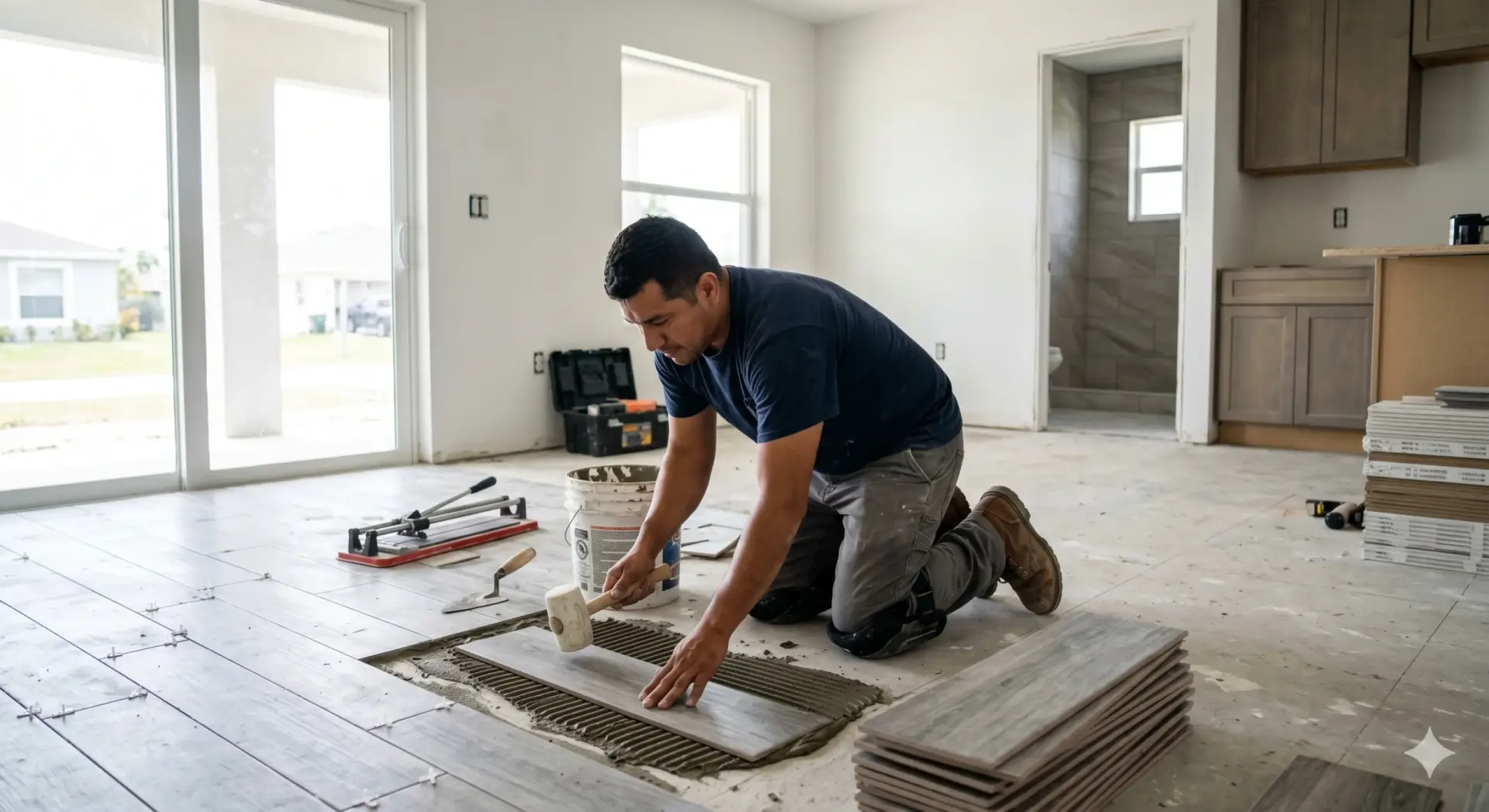 A tiler installer uses a rubber mallet to carefully level large wood-look planks during a Tile Installation Indian rocks Beach.