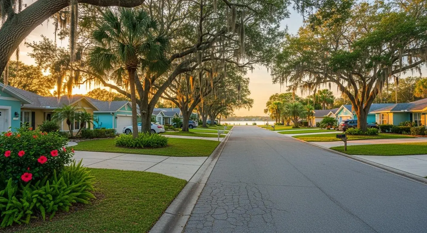 A scenic residential street lined with palm trees and houses near a local Tile Installation Seminole company.
