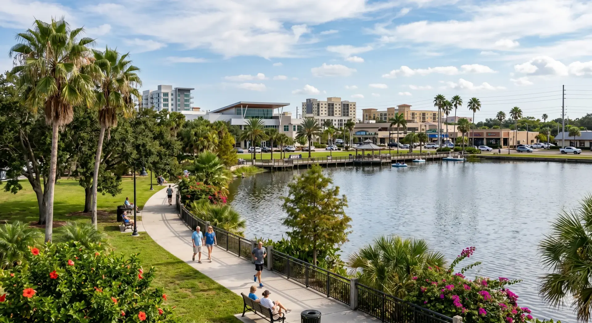 People walking along a lakeside path near buildings where Tile Installation Largo offers remodeling services.