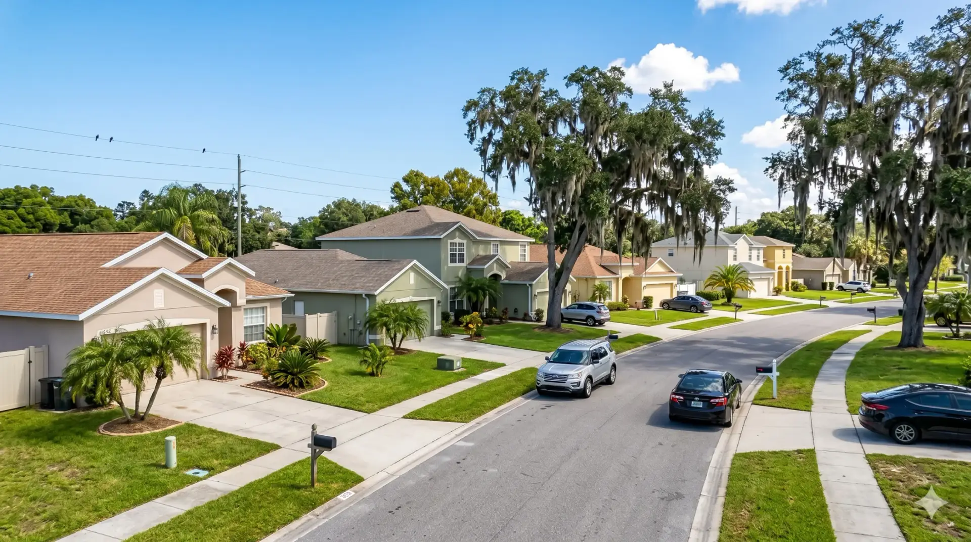 Suburban houses and cars on a sunny street near our Tile Installation Temple Terrace service area.