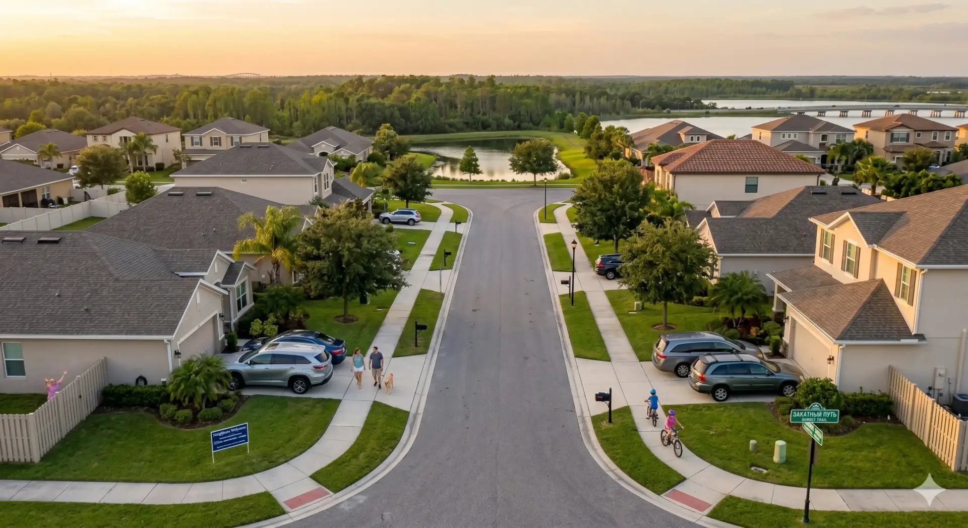 Sunset view of a suburban neighborhood street and houses near Tile Installation East Lake.