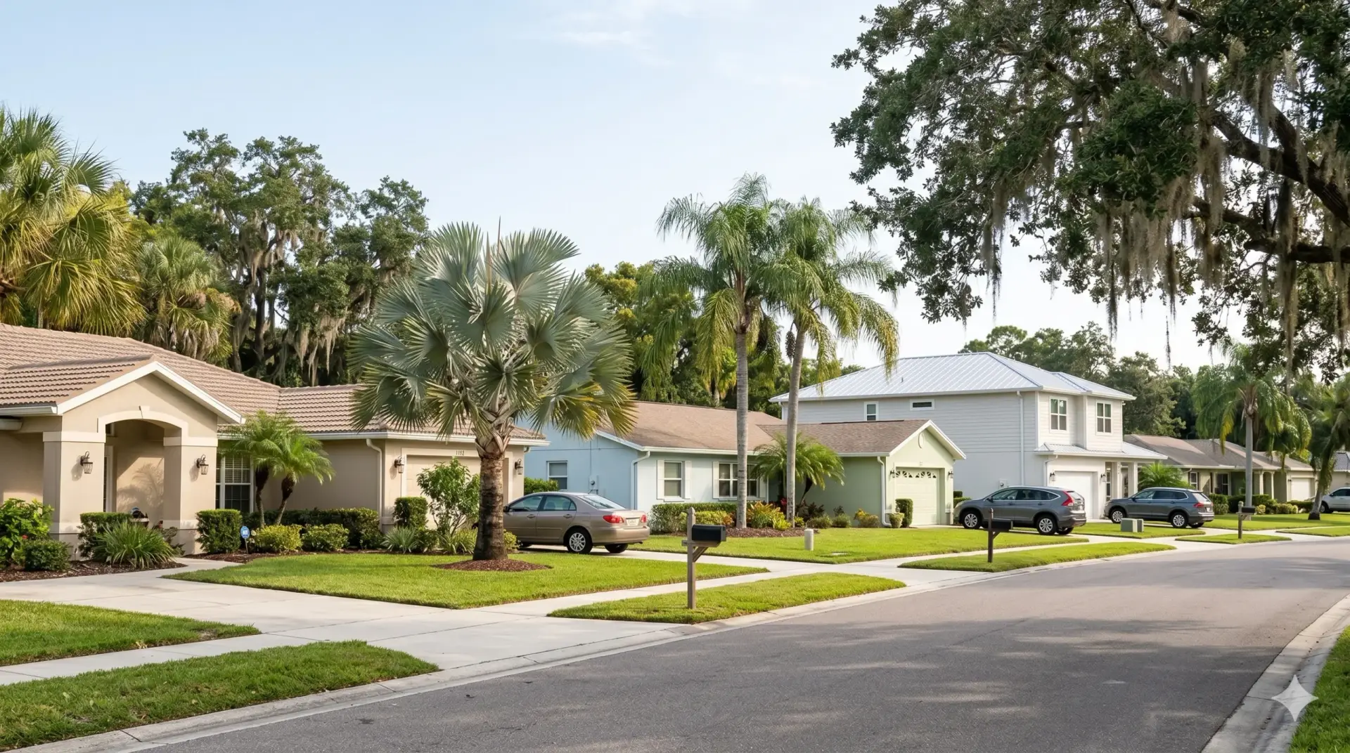 Residential street in Palm Harbor with tile roofs and palm trees, perfect for tile installation.