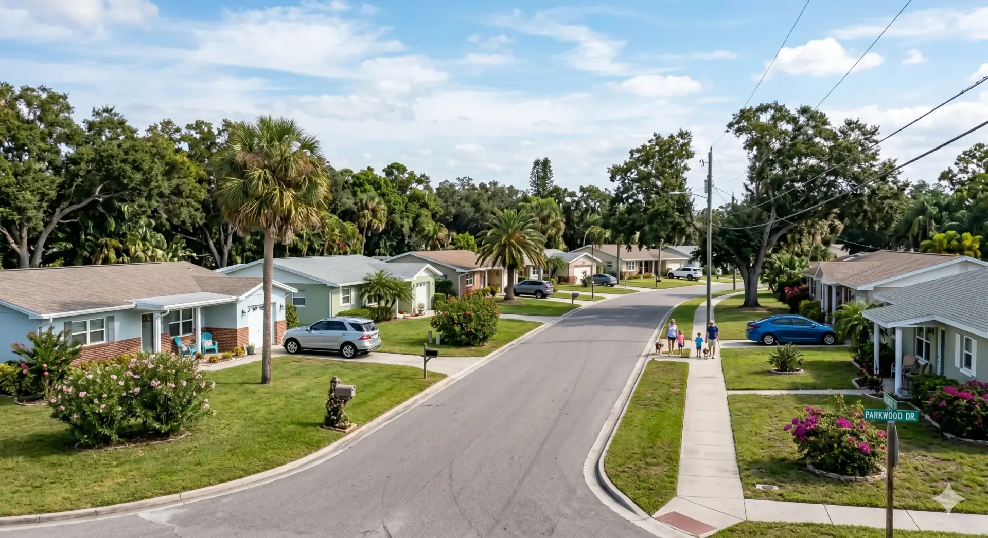 Family walking on sunny Oldsmar street sidewalk, reflecting quality Tile Installation Oldsmar homes.