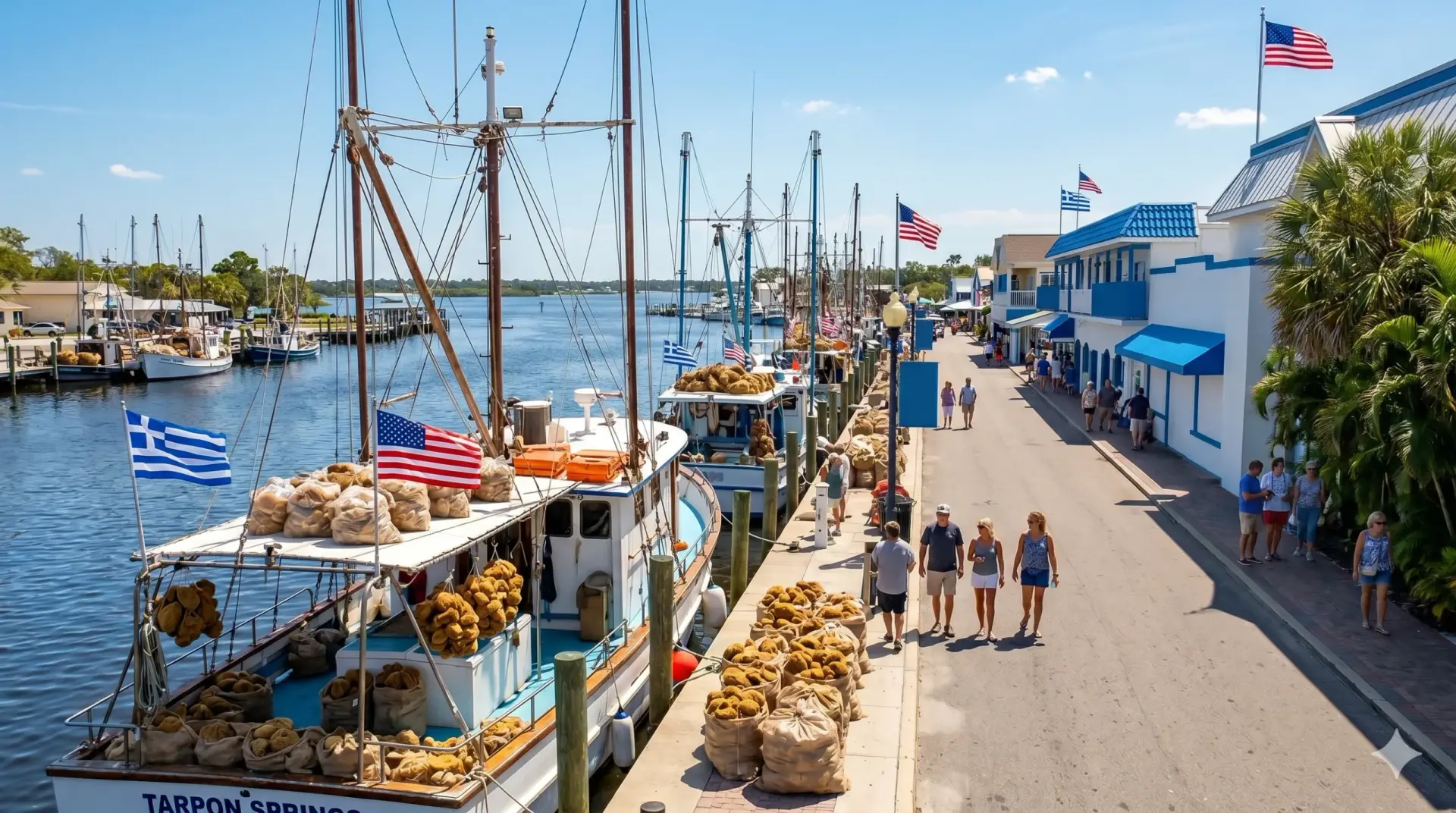 Sponge docks with boats and tourists in the city known for quality Tile Installation Tarpon Springs.