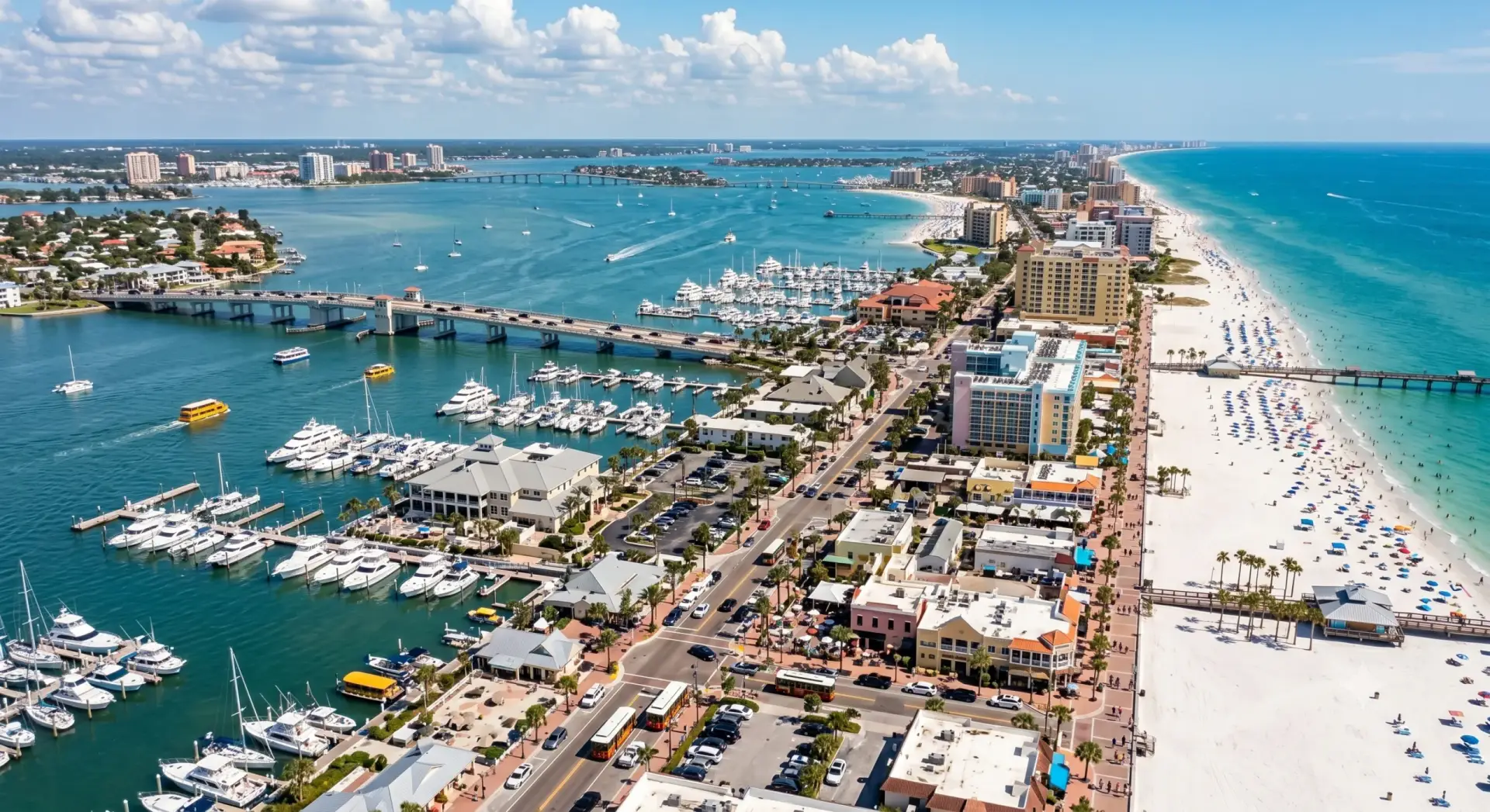 Marina filled with luxury yachts next to a coastal town where Tile Installation Clearwater Beach Island services operate.