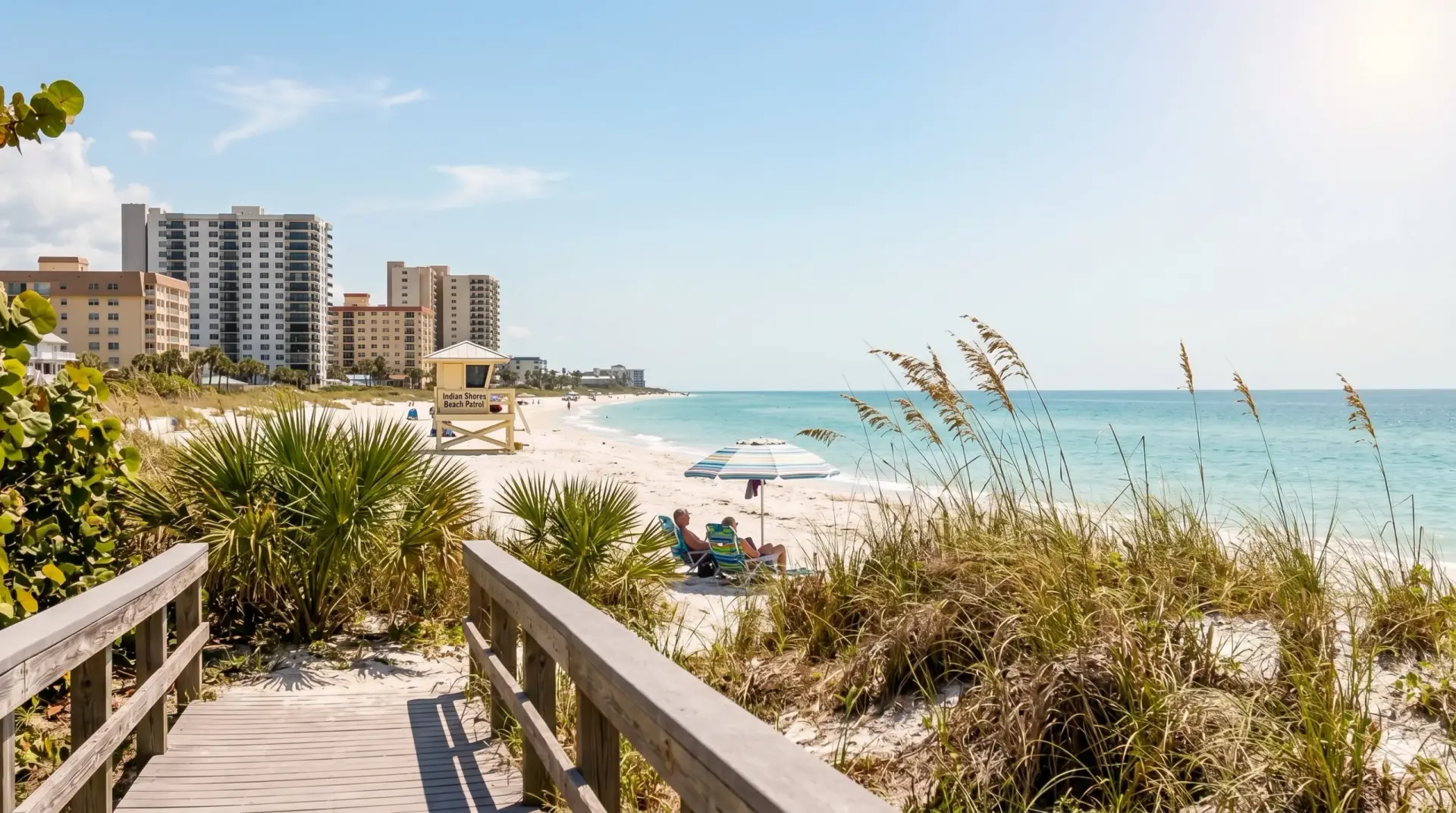 Sunny boardwalk leading to the white sand beach near our top-rated Tile Installation Indian Shores service area.