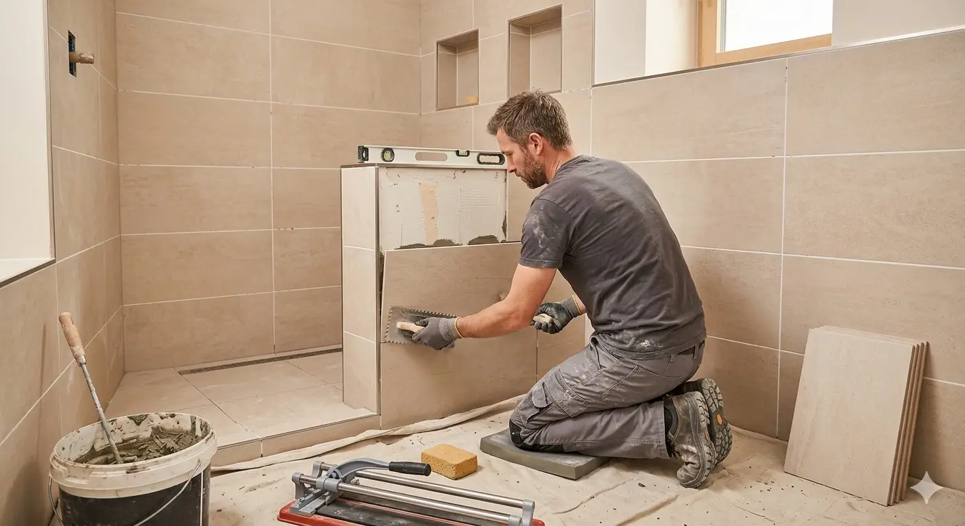 Expert Tiler applying adhesive to a large format tile, showing professional Tile Installation Indian Shores techniques.