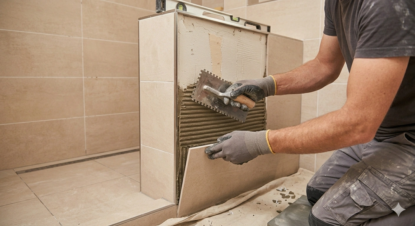 Contractor using a notched trowel to spread mortar during a precise Tile Installation Indian Shores bathroom remodel.
