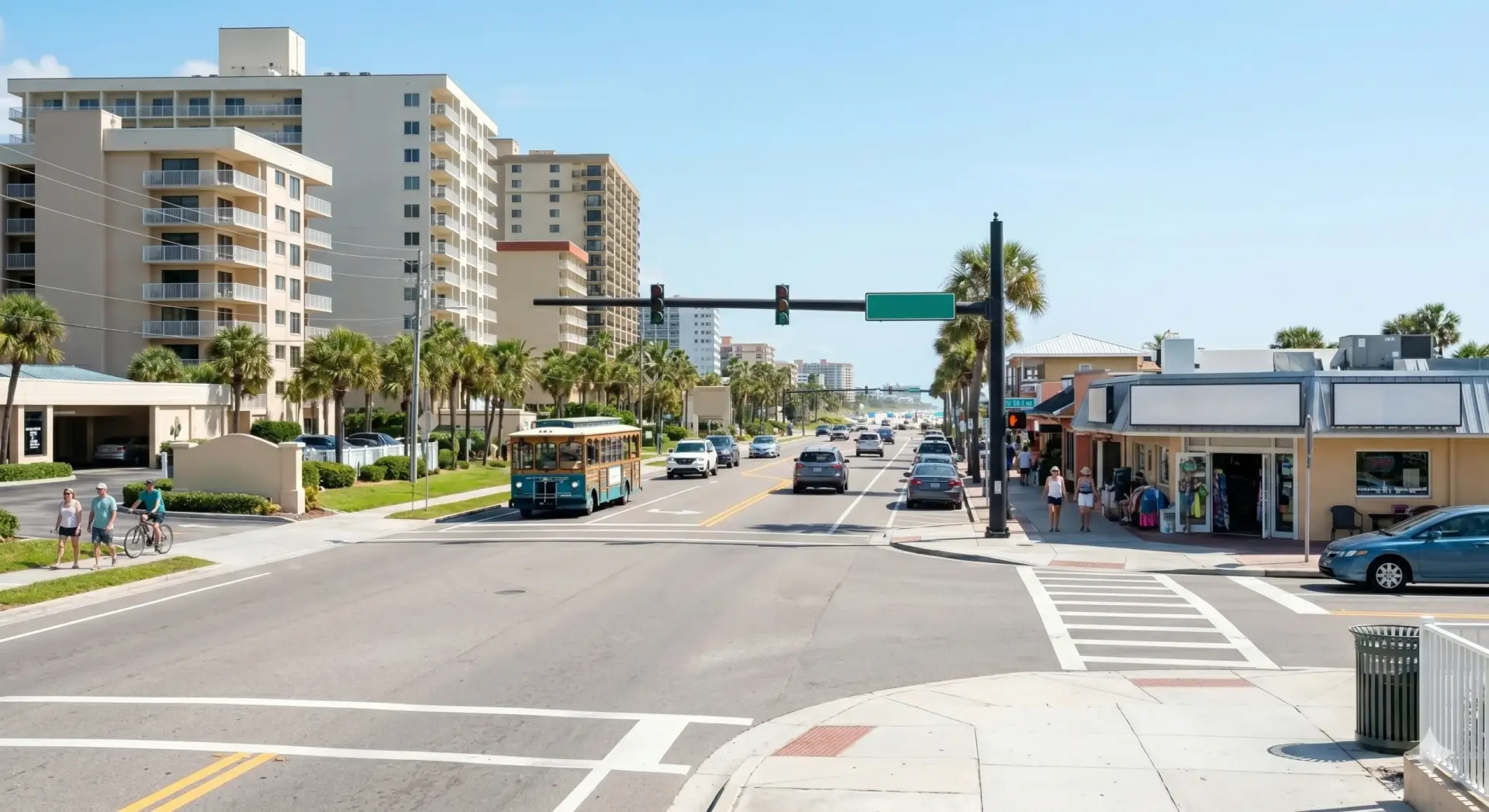 Sunny street view of North Redington Beach featuring condos, trolley, shops, and a central location for professional tile installation North Redington Beach services.