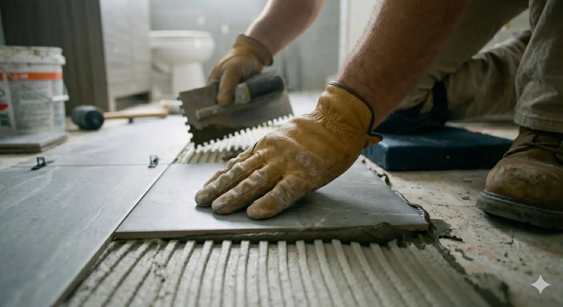 Gloved contractor presses large grey flooring tile into mortar during a professional Tile Installation Safety Harbor.