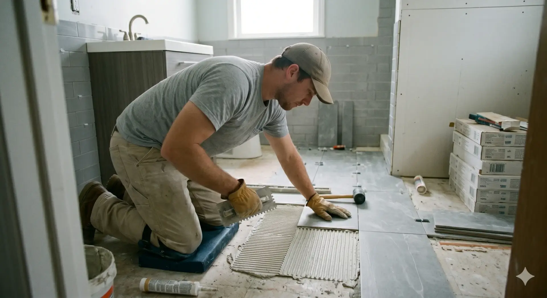 Tile Installation Safety Harbor tiler spreads mortar for new grey floor tiles.