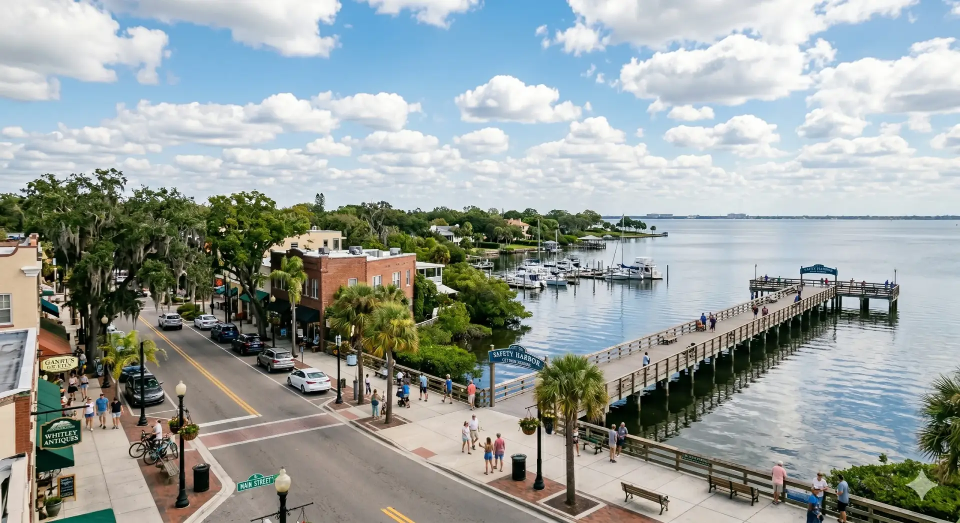 Aerial view of Safety Harbor pier and main street. This lovely town with waterfront properties is served by Tile Installation Safety Harbor.